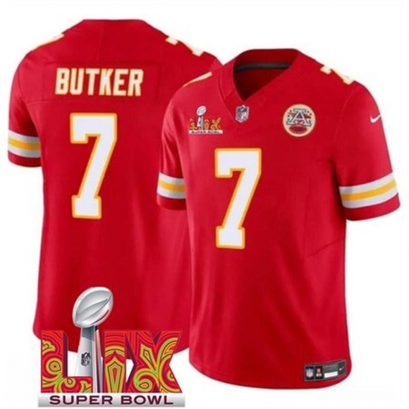 Men's Kansas City Chiefs #7 Harrison Butker Red 2025 Super Bowl LIX Patch F.U.S.E. Vapor Limited Stitched Football Jersey