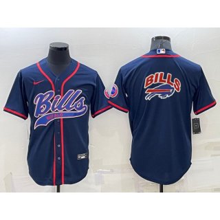 Men's Buffalo Bills Navy Team Big Logo With Patch Cool Base Stitched Baseball Jersey