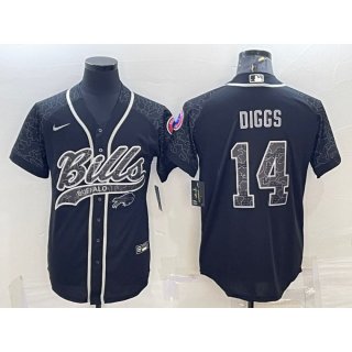 Men's Buffalo Bills #14 Stefon Diggs Black Reflective With Patch Cool Base Stitched Baseball Jersey