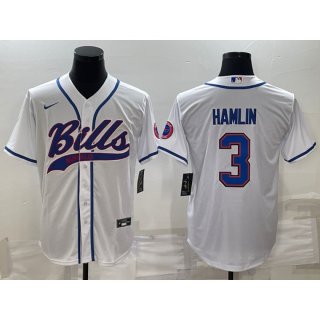 Men's Buffalo Bills #3 Damar Hamlin White With Patch Cool Base Stitched Baseball Jersey