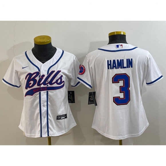 Women's Buffalo Bills #3 Damar Hamlin White With Patch Cool Base Stitched Baseball Jersey(Run Small)