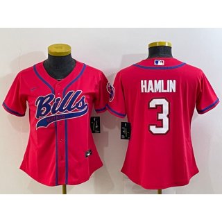 Women's Buffalo Bills #3 Damar Hamlin Red With Patch Cool Base Stitched Baseball Jersey(Run Small)