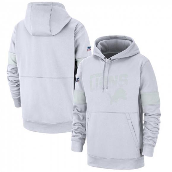 Men's Detroit Lions White 2019 100th Season Sideline Platinum Therma Pullover Hoodie