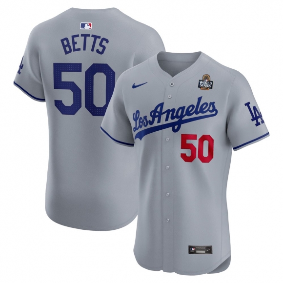 Men's Los Angeles Dodgers Mookie Betts Nike Gray 2024 World Series Road Elite Player Jersey