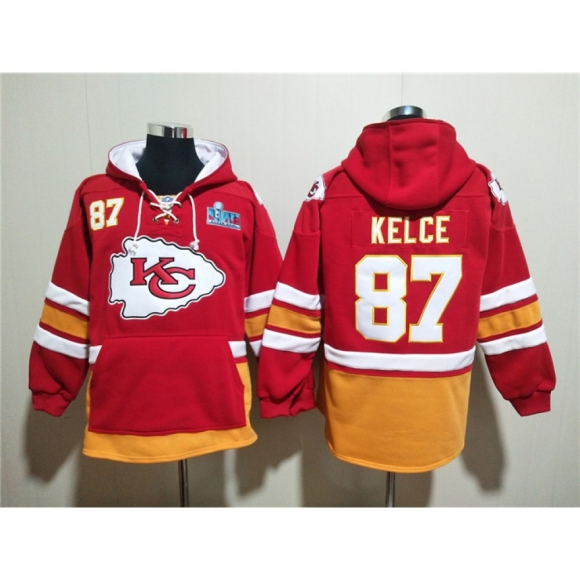 Men's Kansas City Chiefs #87 Travis Kelce Red Super Bowl Lace-Up Pullover Hoodie