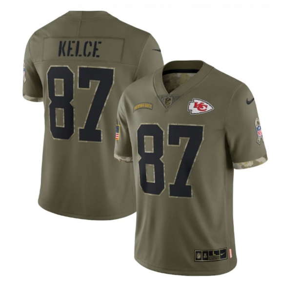 Men's Kansas City Chiefs #87 Travis Kelce Olive 2022 Salute To Service Limited Stitched Jersey