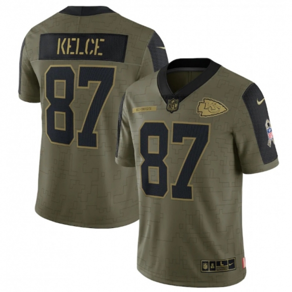 Men's Kansas City Chiefs #87 Travis Kelce 2021 Olive Salute To Service Limited Stitched Jersey