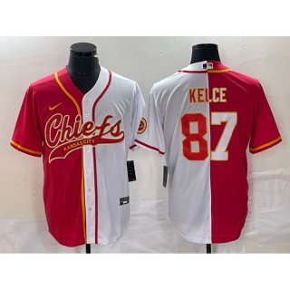 Men's Kansas City Chiefs #87 Travis Kelce Red White Split Cool Base Stitched Baseball Jersey