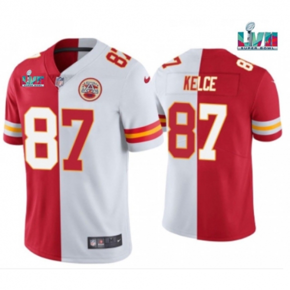 Men's Kansas City Chiefs #87 Travis Kelce Red & White Split Super Bowl LVII Patch Limited Stitched Jersey