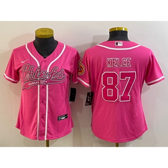 Women's Kansas City Chiefs #87 Travis Kelce Pink With Patch Cool Base Stitched Baseball Jersey(Run Small)