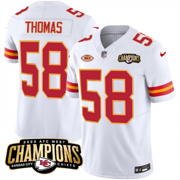 Men's Kansas City Chiefs #58 Derrick Thomas White 2023 F.U.S.E. AFC West Champions With "NKH" Patch Vapor Untouchable Limited Stitched Jersey