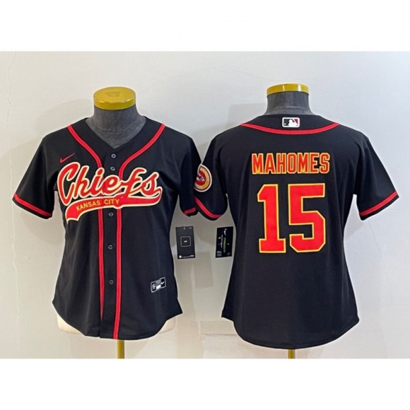 Women's Kansas City Chiefs #15 Patrick Mahomes Black With Patch Cool Base Stitched Baseball Jersey(Run Small)