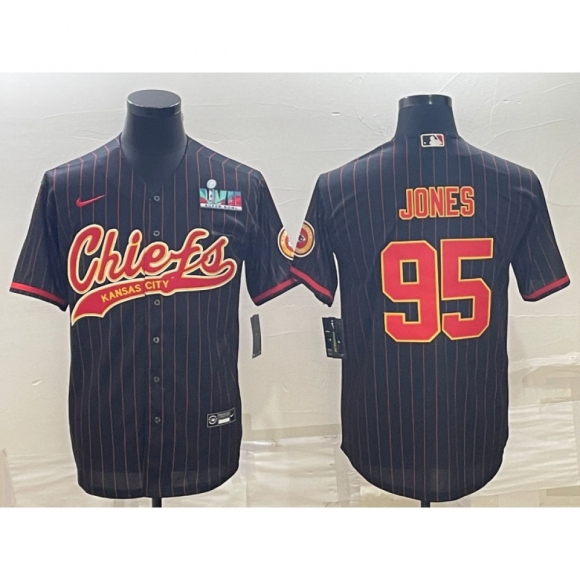 Men's Kansas City Chiefs #95 Chris Jones Black With Super Bowl LVII Patch Cool Base Stitched Baseball Jersey