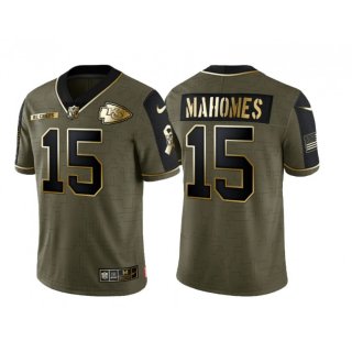 Men's Kansas City Chiefs #15 Patrick Mahomes 2021 Olive Salute To Service Golden Limited Stitched Jersey