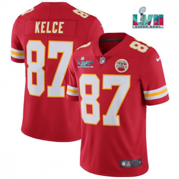 Men's Kansas City Chiefs #87 Travis Kelce Red Super Bowl LVII Patch Vapor Untouchable Limited Stitched Jersey