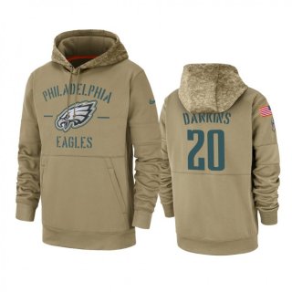 Men's Philadelphia Eagles #20 Brian Dawkins Tan 2019 Salute to Service Sideline Therma Pullover Hoodie