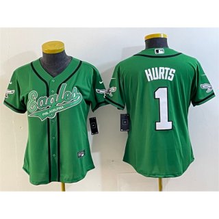 Women's Philadelphia Eagles #1 Jalen Hurts Green Cool Base Stitched Baseball Jersey(Run Small)