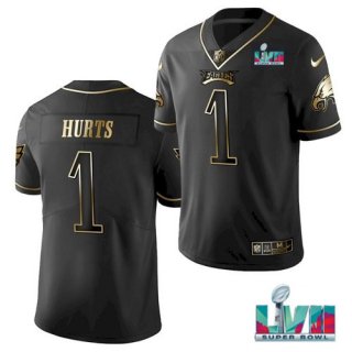 Youth Philadelphia Eagles #1 Jalen Hurts Black Golden Super Bowl LVII Patch Edition Stitched Football Jersey