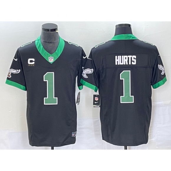 Men's Philadelphia Eagles #1 Jalen Hurts Black 2023 F.U.S.E. Vapor Untouchable With 3-star C Patch Stitched Football Jersey