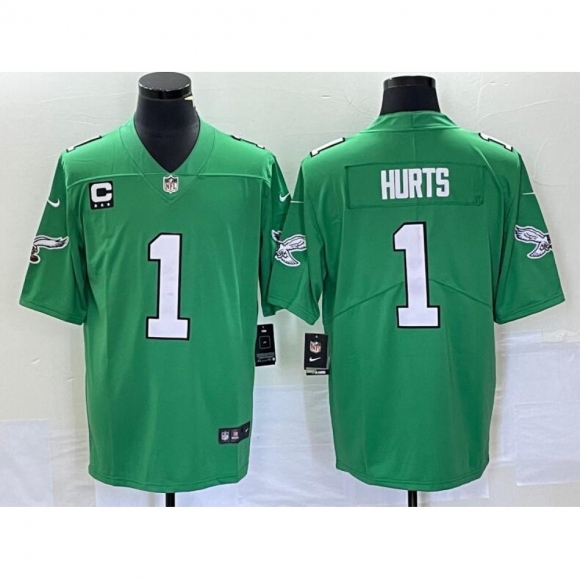 Youth Philadelphia Eagles #1 Jalen Hurts Green Vapor Limited With C Patch Stitched Football Jersey