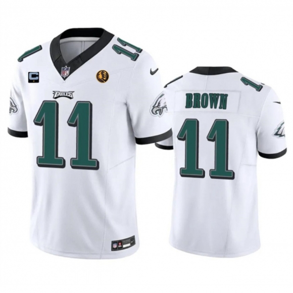 Men's Philadelphia Eagles #11 A. J. Brown White 2023 F.U.S.E. With 1-star C Patch And John Madden Patch Vapor Limited Stitched Football Jersey