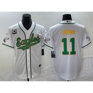 Men's Philadelphia Eagles #11 A. J. Brown White Gold With 3-star C Patch Cool Base Stitched Baseball Jersey