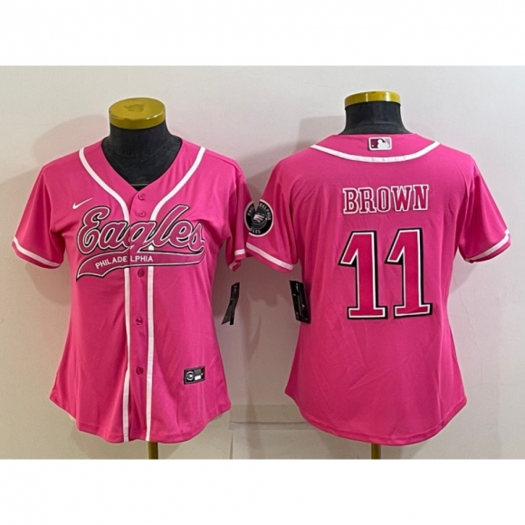 Women's Philadelphia Eagles #11 A. J. Brown Pink With Patch Cool Base Stitched Baseball Jersey(Run Small)