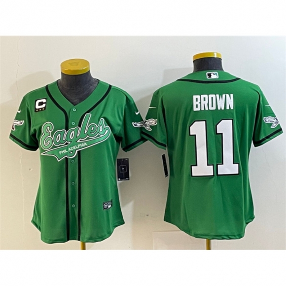 Youth Philadelphia Eagles #11 A. J. Brown Green With 3-Star C Patch Cool Base Stitched Baseball Jersey