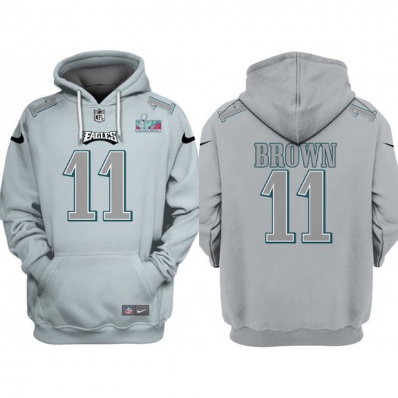 Men's Philadelphia Eagles #11 A.J. Brown Grey Atmosphere Fashion Super Bowl LVII Patch Pullover Hoodie