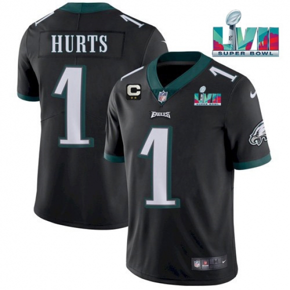 Men's Philadelphia Eagles #1 Jalen Hurts Black Super Bowl LVII Patch And 2-star C Patch Vapor Untouchable Limited Stitched Jersey