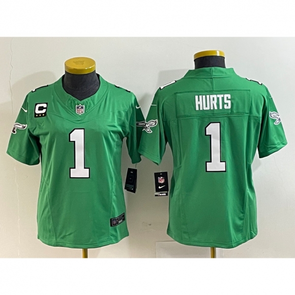 Women's Philadelphia Eagles #1 Jalen Hurts Green 2023 F.U.S.E. With C Patch Stitched Football Jersey(Run Small)