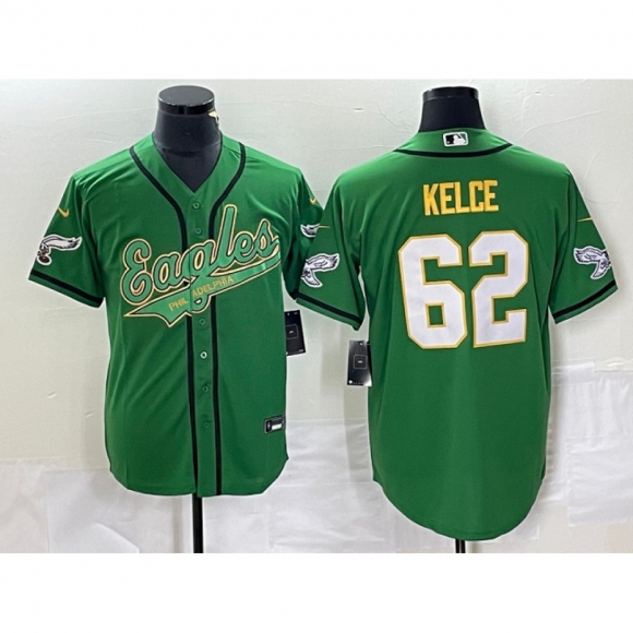 Men's Philadelphia Eagles #62 Jason Kelce Green Gold Cool Base Stitched Baseball Jersey