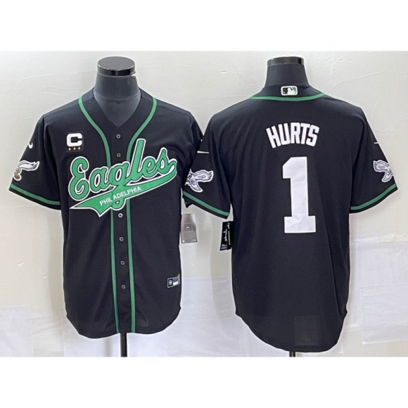 Men's Philadelphia Eagles #1 Jalen Hurts Black With 3-star C Patch Cool Base Stitched Baseball Jersey