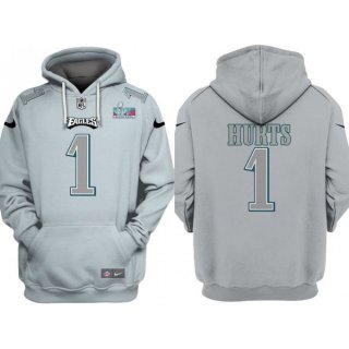 Men's Philadelphia Eagles #1 Jalen Hurts Grey Atmosphere Fashion Super Bowl LVII Patch Pullover Hoodie