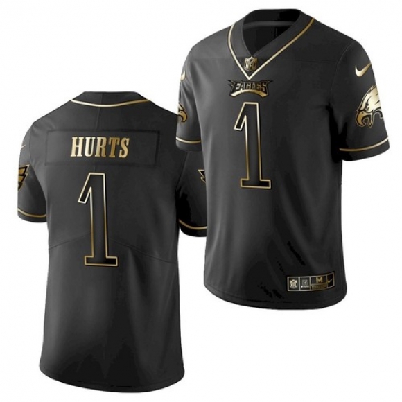 Men's Philadelphia Eagles #1 Jalen Hurts Black Golden Edition Stitched Jersey