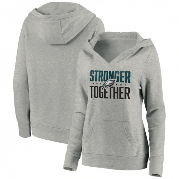 Women's Philadelphia Eagles Heather Gray Stronger Together Crossover Neck Pullover Hoodie(Run Small)