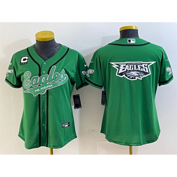 Women's Philadelphia Eagles Green Team Big Logo With 3-Star C Patch Cool Base Stitched Baseball Jersey(Run Small)