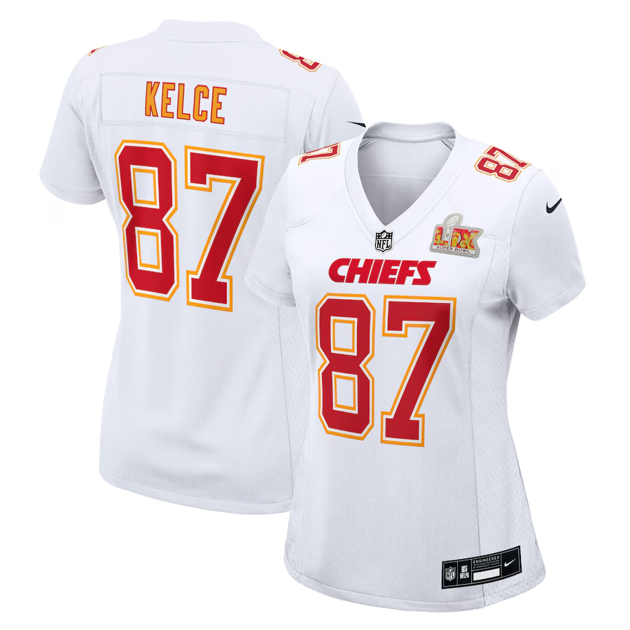 Kansas City Chiefs Nike #87 Travis Kelce Women's Super Bowl LIX Fashion Game Jersey - Tundra White