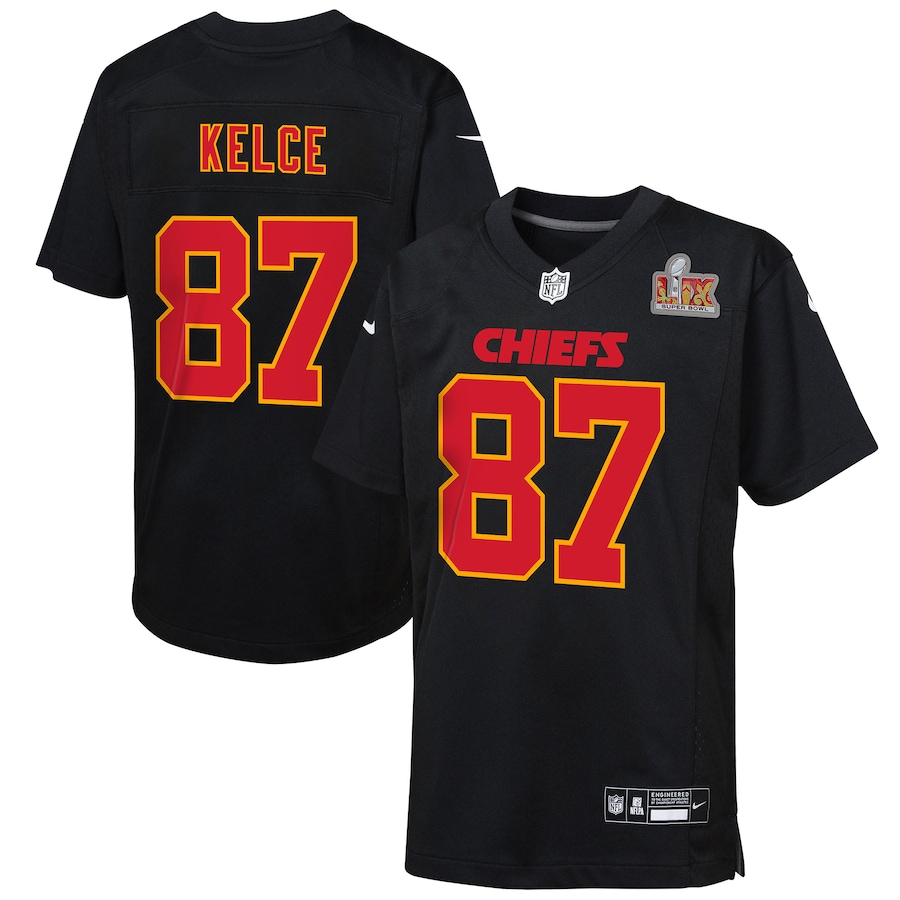 Kansas City Chiefs Nike #87 Travis Kelce Youth Super Bowl LIX Patch Fashion Game Jersey - Carbon Black