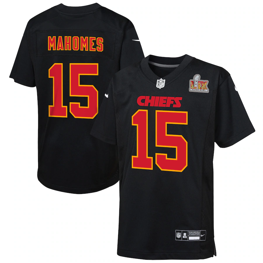 Kansas City Chiefs Nike #15 Patrick Mahomes Youth Super Bowl LIX Patch Fashion Game Jersey - Carbon Black