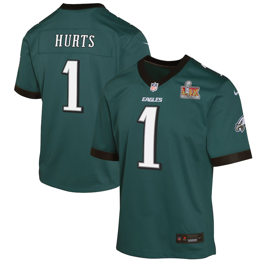 Philadelphia Eagles Nike #1 Jalen Hurts Youth Super Bowl LIX Game Player Jersey - Midnight Green